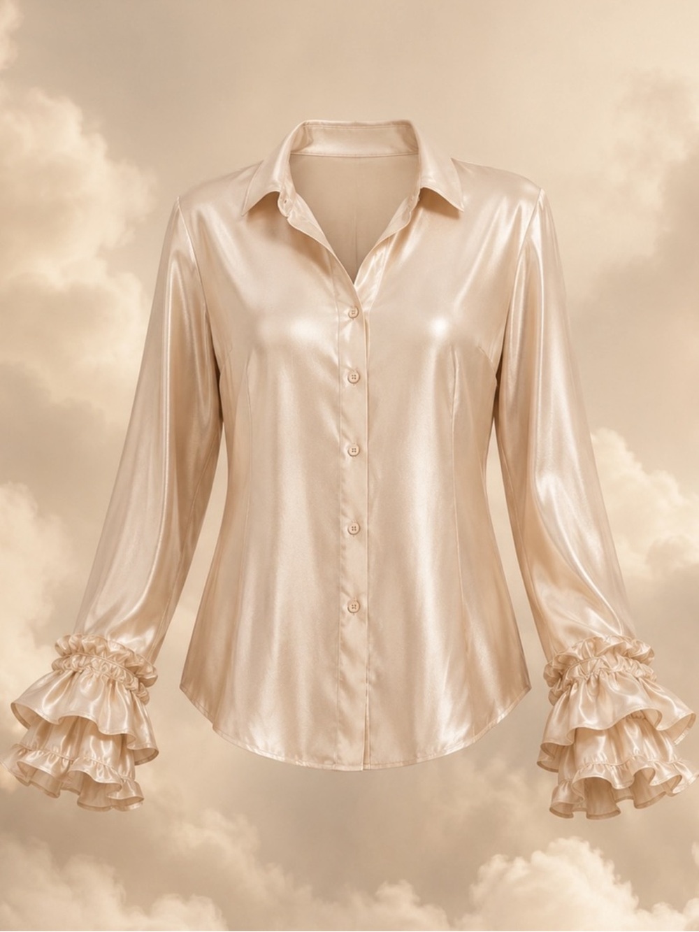 Maeve Anthropologie Satin Flounce Sleeve Button-Down Blouse Size L